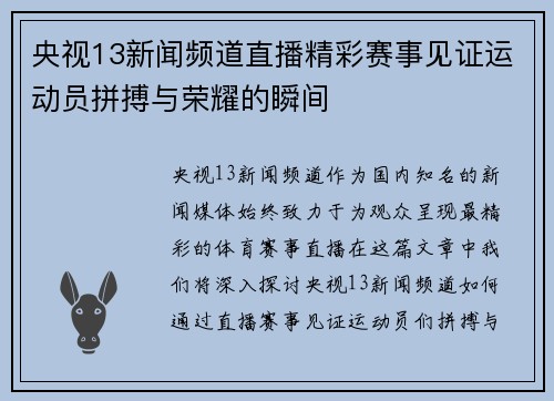 央视13新闻频道直播精彩赛事见证运动员拼搏与荣耀的瞬间