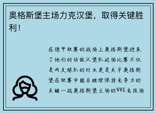 奥格斯堡主场力克汉堡，取得关键胜利！